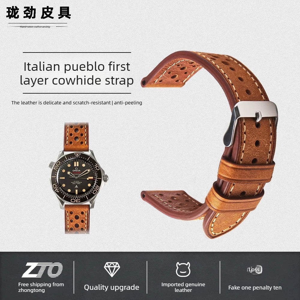 Summer Leather Strap Handmade Italian PUEBLO Breathable Men's Strap Soft 18 20 22MM Real Cowhide