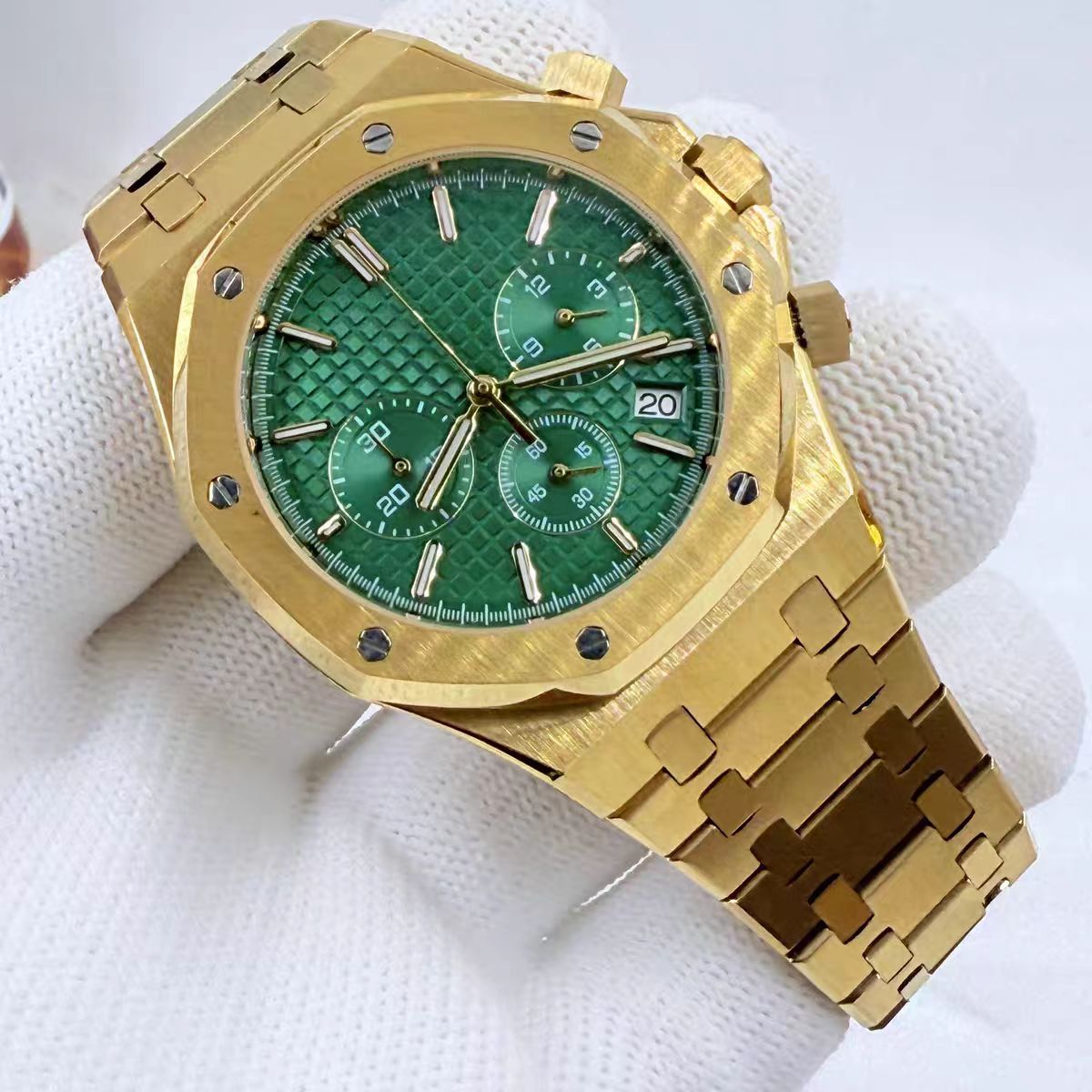 Yellow Gold Quartz Royal Oak Octagon Watch Customized LOGO  Chronograph 41mm Japanese VK63 Movement Sapphire 3ATM