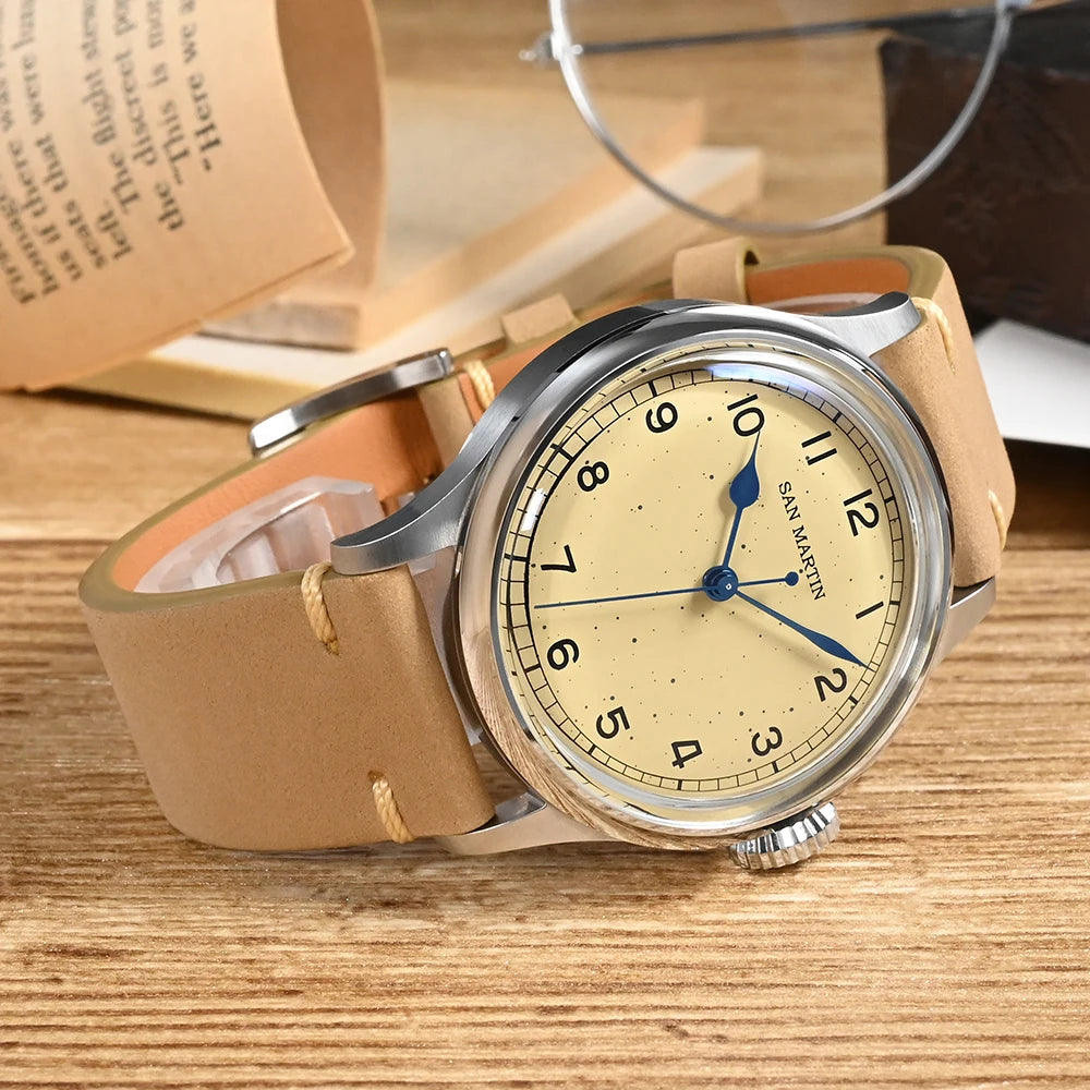 San Martin 38.5mm Men's Mechanical Watch NH35 Vintage Pilot Simple Fashion Wristwatch Baked Varnish Blue Hands 10 Bar Clock