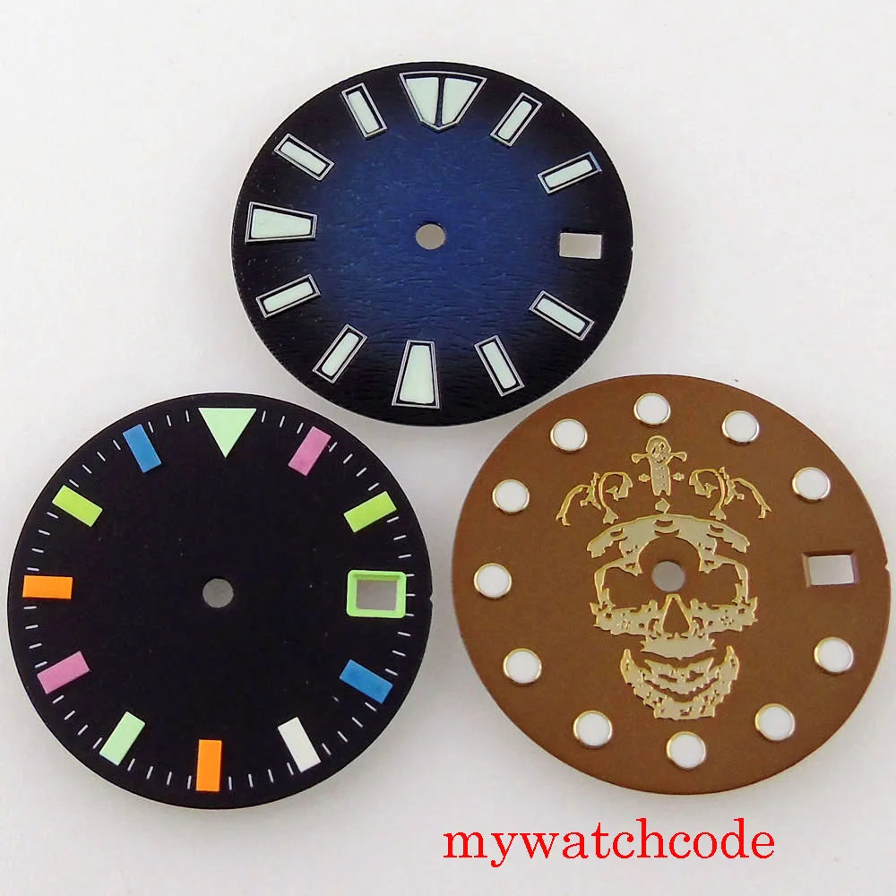 For NH35 Movement 28.5mm Luminous Sterile Black Brown Blue Watch Dial With Date Window Skull Pattern For 3&4.2 O'Clock Crown