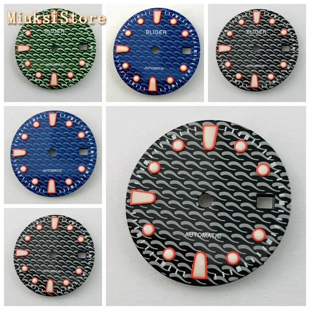 28.5mm Black Blue Green Watch Dial with Blue Luminous — Fits ETA 2836/2824, Miyota 8205/8215, Mingzhu DG2813/3804