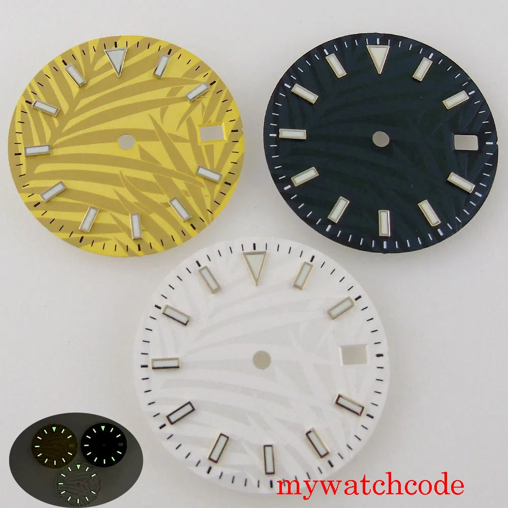 29mm Luminous Dark Green White Gold Sterile Watch Dial With Date Window For NH35 Movement Leaf Pattern High Quality Watch Parts