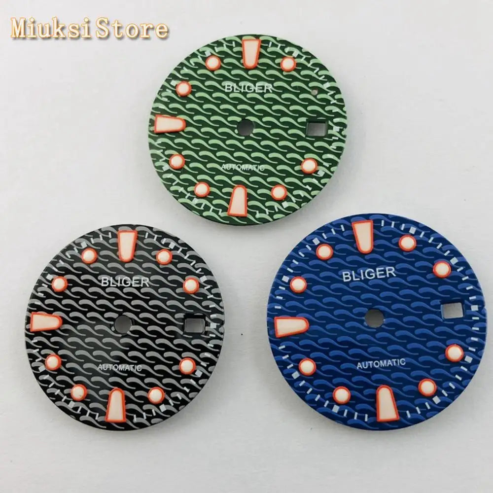 28.5mm Black Blue Green Watch Dial with Blue Luminous — Fits ETA 2836/2824, Miyota 8205/8215, Mingzhu DG2813/3804