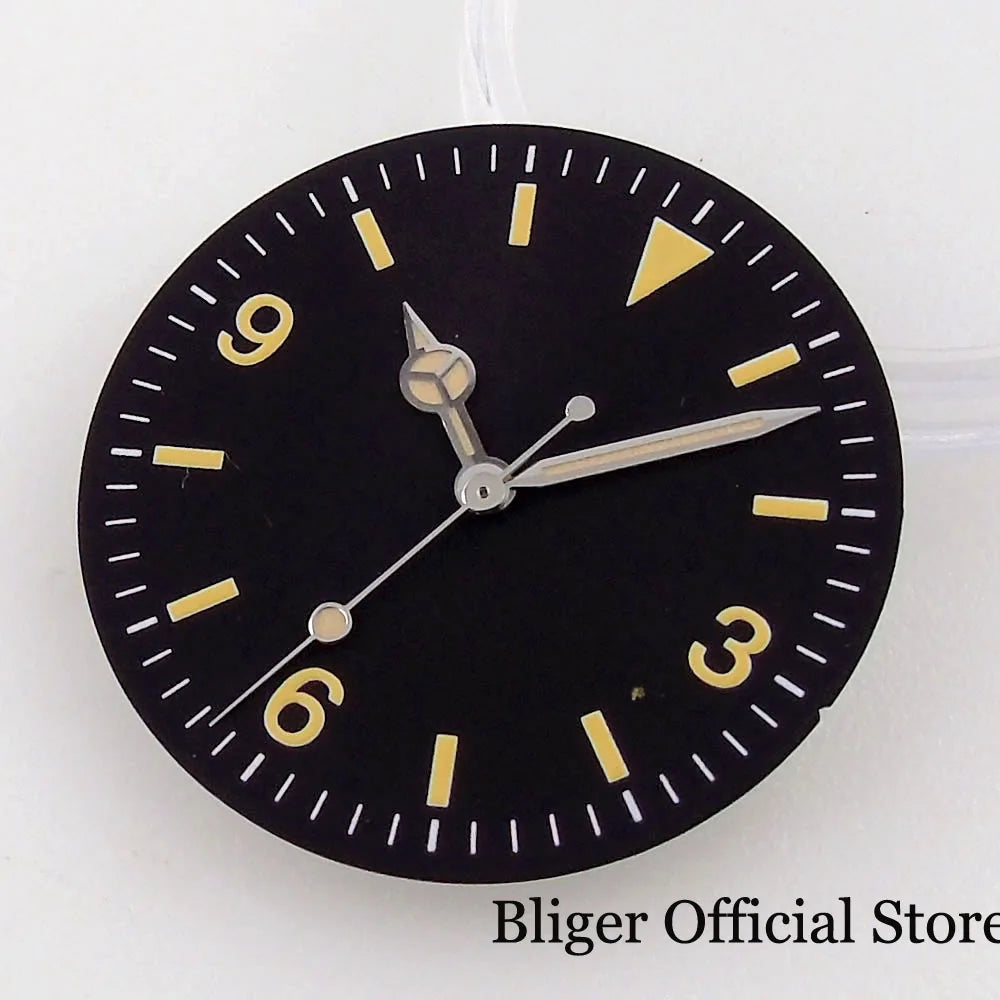 Nologo Black Vintage 29mm Yellow Marks Explorer Watch Dial fit NH35A NH36A ETA2824 PT5000 ST2130 ST1612 MIYOTA DG 2813 Watch Needles