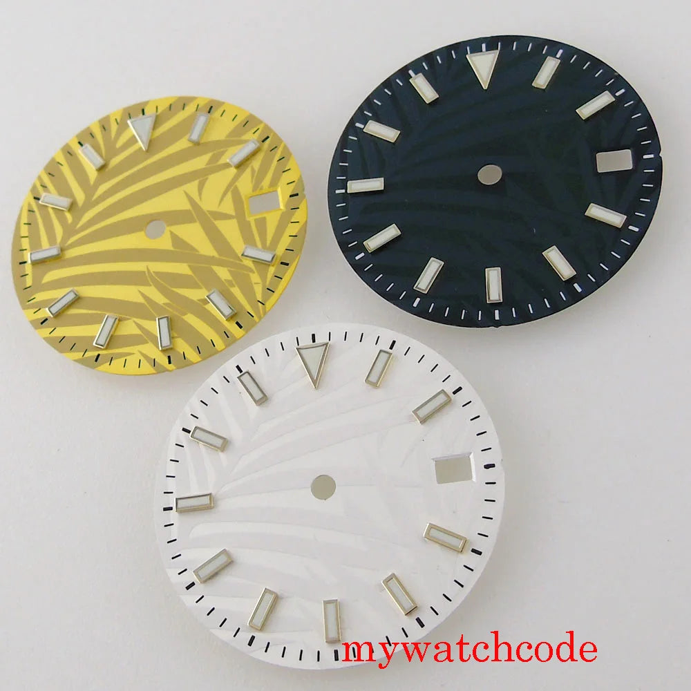 29mm Luminous Dark Green White Gold Sterile Watch Dial With Date Window For NH35 Movement Leaf Pattern High Quality Watch Parts