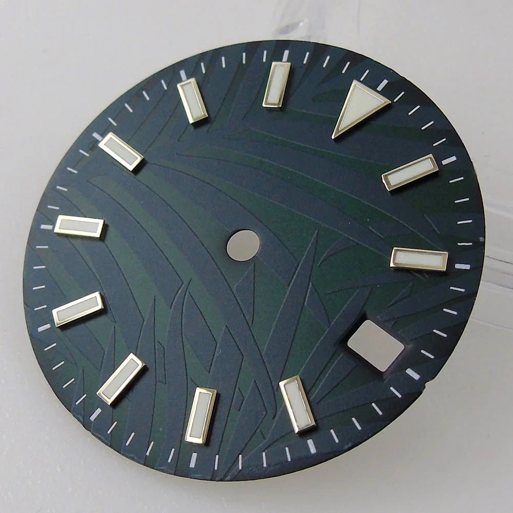 Leaf Watch Dial 29mm Lume Dial Watches Face Fit For NH35/NH35A Movement Date Window Leaf Design Black/Yellow/White Color