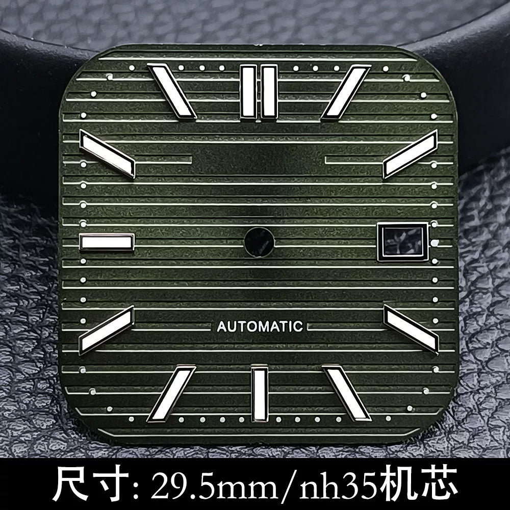 29.5mm Square dial NH35 movement silver nail green luminous