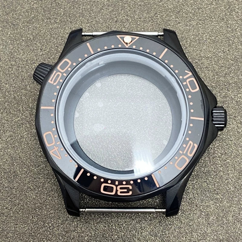 41mm Pvd Black Rose Gold Seamaster Watch Case  2 crown 316L Stainless Steel Ceramic for NH35/36 Movement