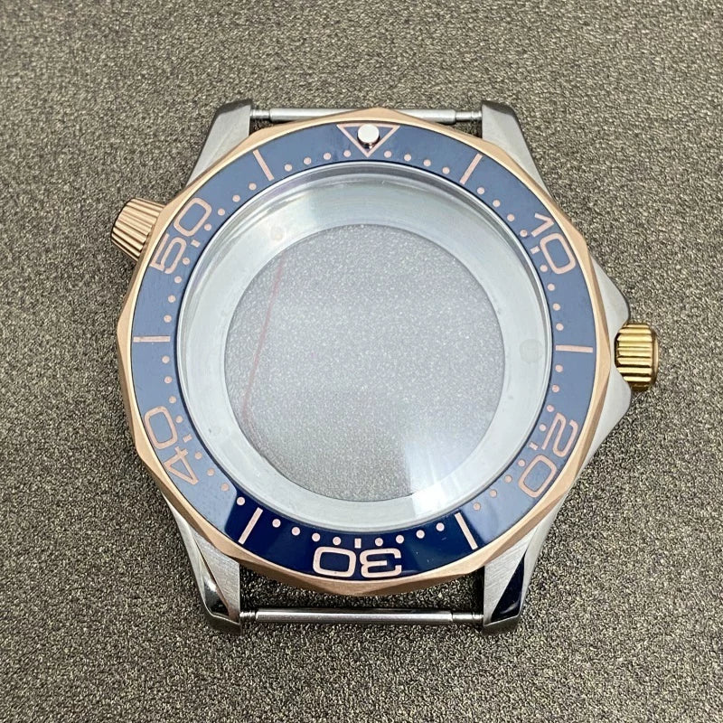 41mm Pvd Black Rose Gold Seamaster Watch Case  2 crown 316L Stainless Steel Ceramic for NH35/36 Movement