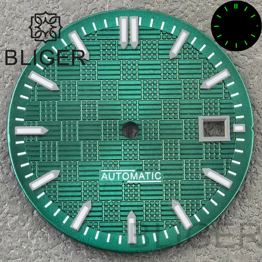 31MM Dial engineer checkered strips scale watch dial 3 o'clock calendar green luminous light for NH35 Miyota 8215, PT5000, ETA2824movement