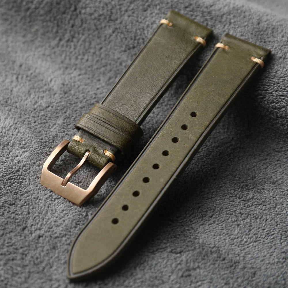 Solid CUSN8 Bronze Clasp Leather Strap High-end first-layer cowhide  20MM 21MM matte green black brown
