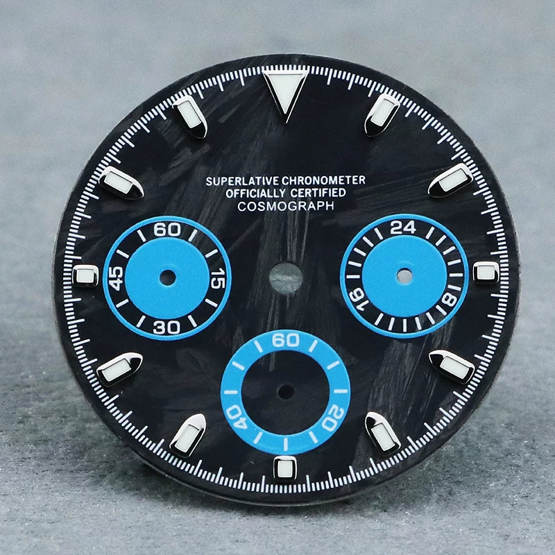 29.5mm Premium Daytona Carbon Fiber Dial Chronograph for VK63 Movement Blue/Black Luminous 3 eyes