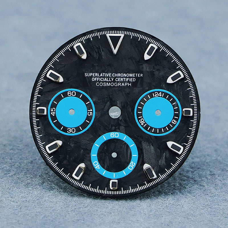 29.5mm Premium Daytona Carbon Fiber Dial Chronograph for VK63 Movement Blue/Black Luminous 3 eyes