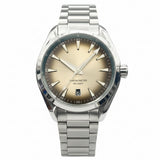 Silver wristwatch with beige dial on a gray background, featuring the brand 'Taobiao Pavilion'.