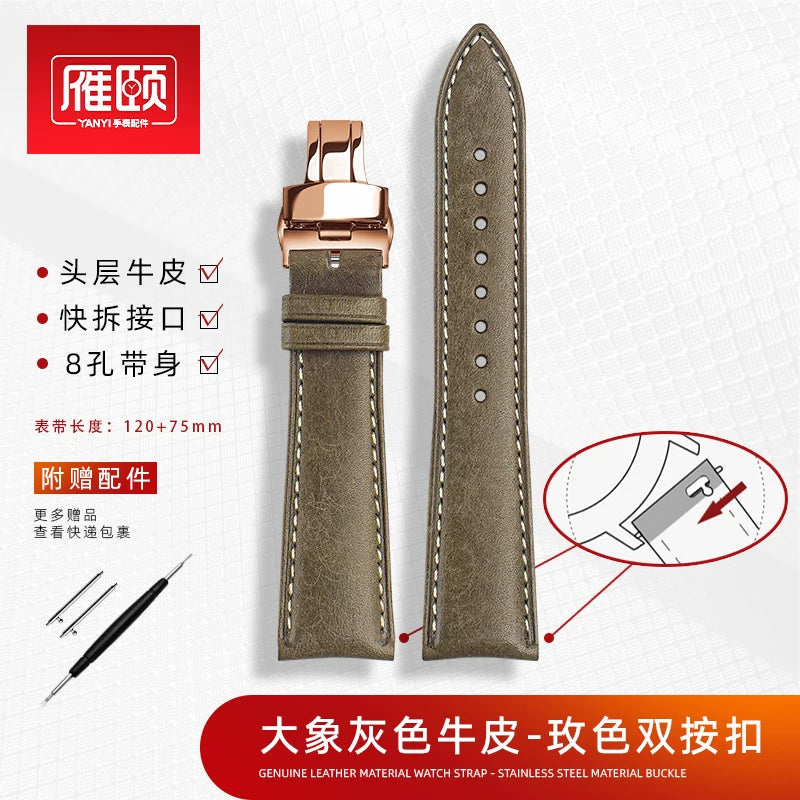 Retro matte Leather Watch strap Adapt to most watches first-layer cowhide  butterFly Pin buckle 19mm 20mm 21mm 22mm Quick release