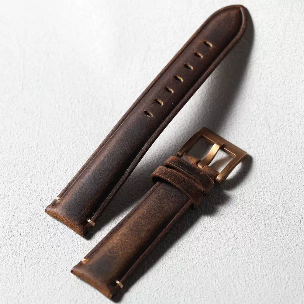 Real Solid Bronze Clasp Watch Strap Handmade first-layer cowhide band 19 20 21 22MM brown leather thickened  men's bracelet retro