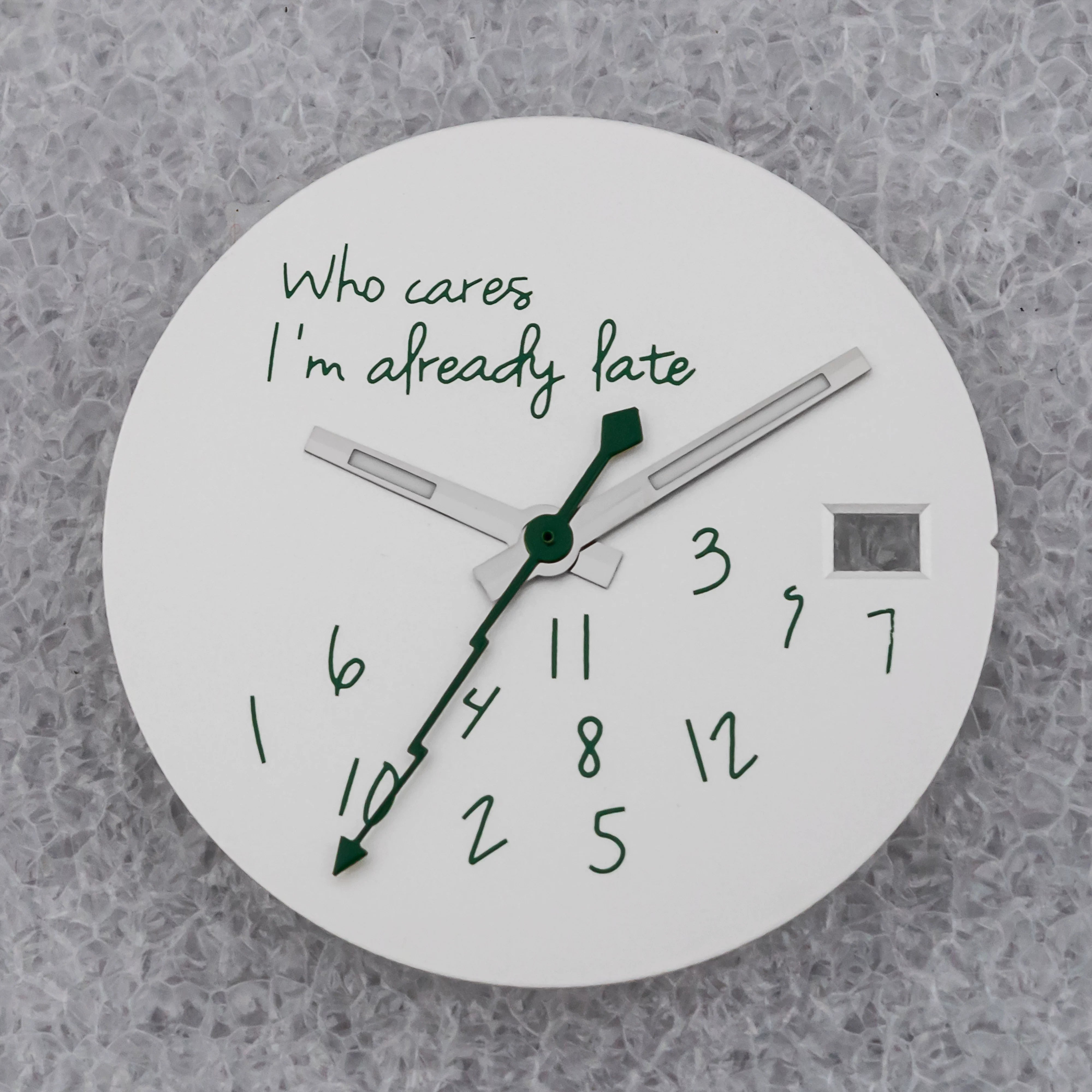 NO Date Window Dial Who Cares I'm Already Late for NH35 movement 28.5mm Green Lume Hands