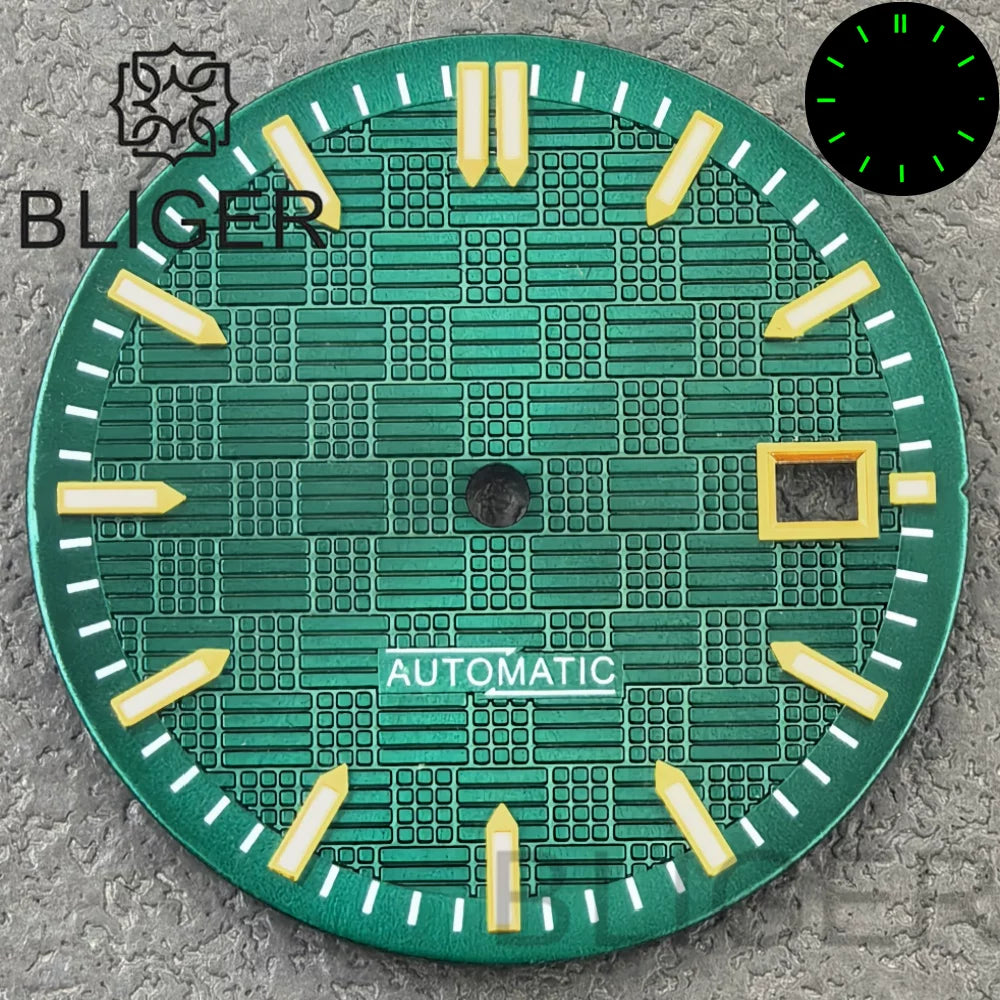 31MM Dial engineer checkered strips scale watch dial 3 o'clock calendar green luminous light for NH35 Miyota 8215, PT5000, ETA2824movement