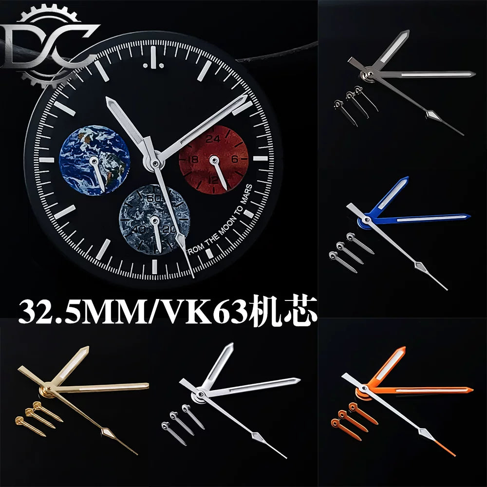32.5MM Speedmaster Dial Hands From Moon to Mars VK63 Quartz Chronograph Movement green Luminous