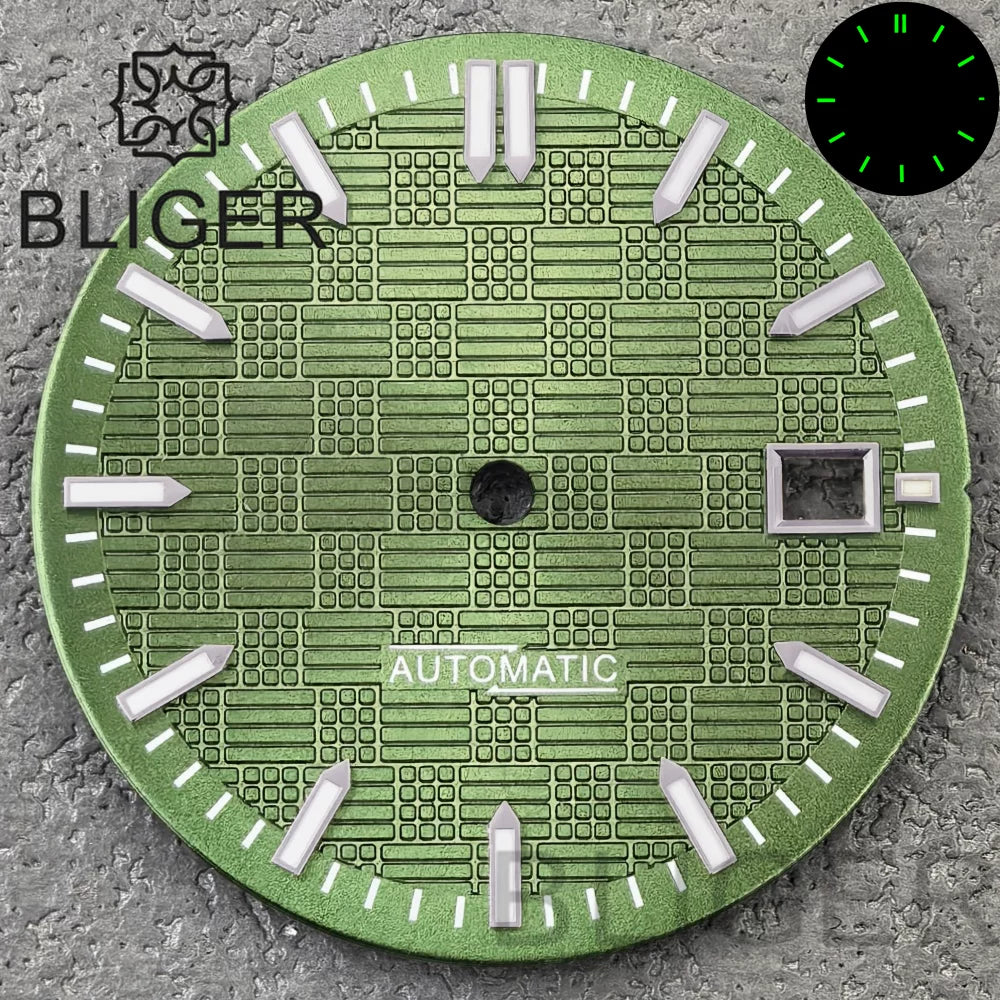 31MM Dial engineer checkered strips scale watch dial 3 o'clock calendar green luminous light for NH35 Miyota 8215, PT5000, ETA2824movement
