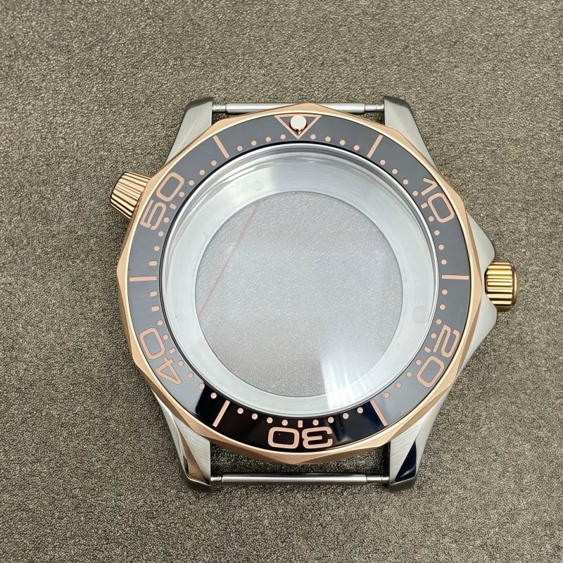 41mm Pvd Black Rose Gold Seamaster Watch Case  2 crown 316L Stainless Steel Ceramic for NH35/36 Movement