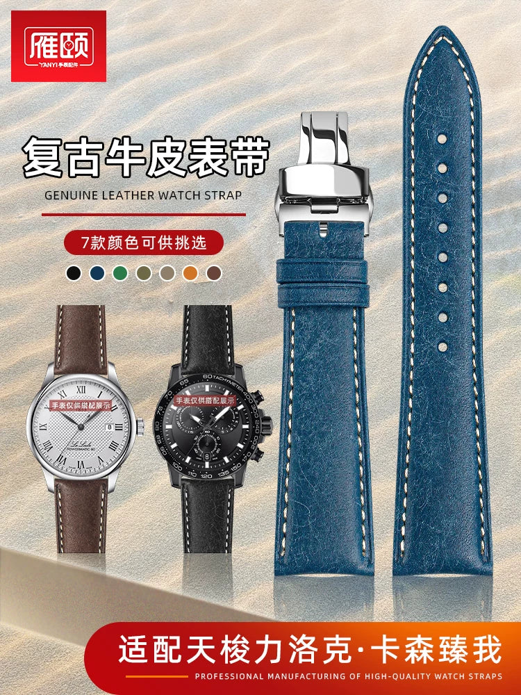 Retro matte Leather Watch strap Adapt to most watches first-layer cowhide  butterFly Pin buckle 19mm 20mm 21mm 22mm Quick release