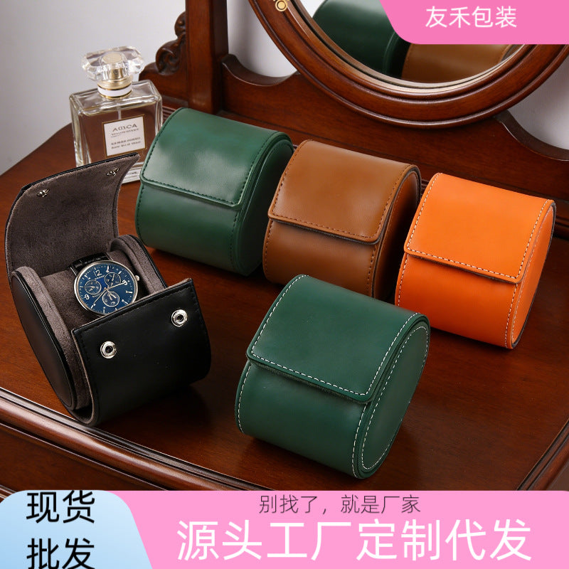 Oval PU leather watch box  pillow core removable snap-button watch packaging gift box no logo