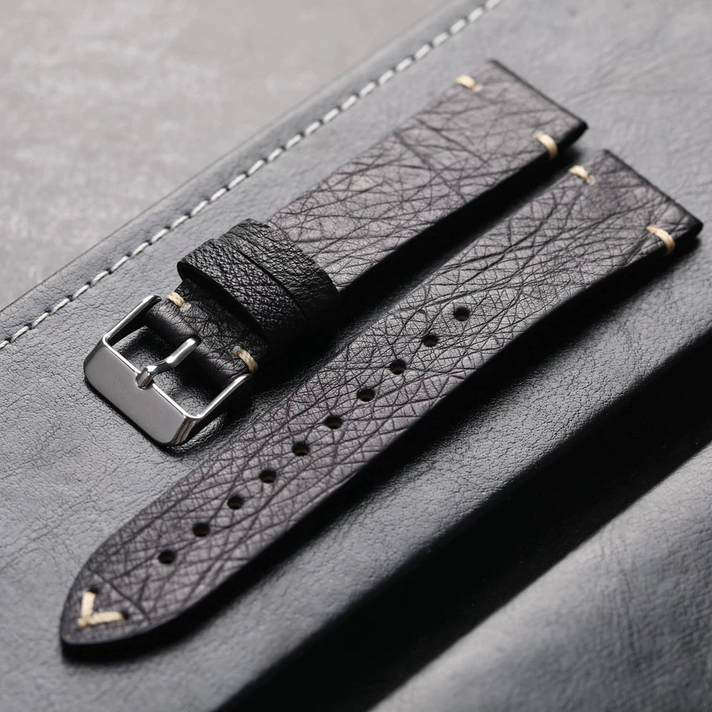 Handmade Ostrich Leather Strap 18 19 20 21 22mm Black Soft Men's Bracelet Vintage Fit Seiko 125mm+75mm