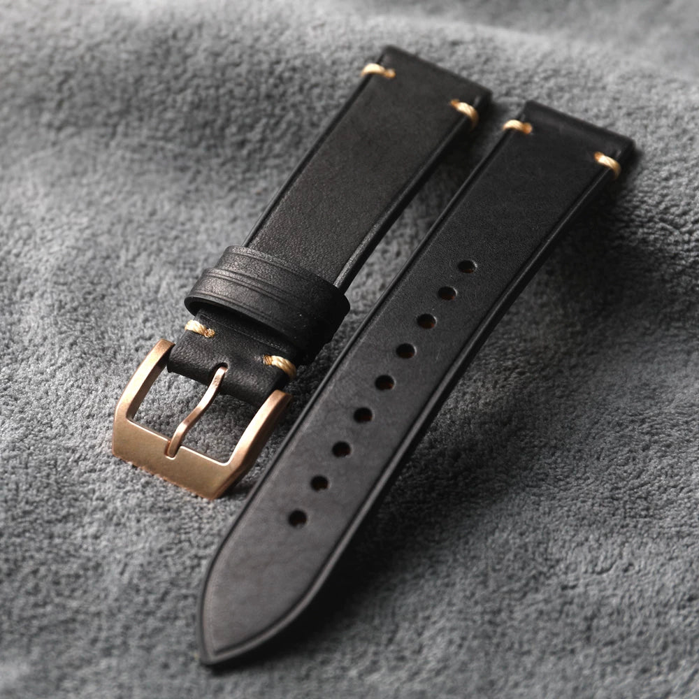 Solid CUSN8 Bronze Clasp Leather Strap High-end first-layer cowhide  20MM 21MM matte green black brown