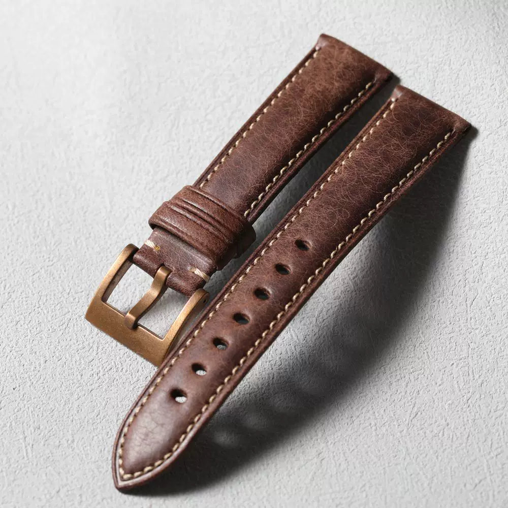 Handmade Bronze Buckle Watch Strap 19 20 21 22MM Pure Copper clasp Cowhide Bracelet Leather Soft Retro Style