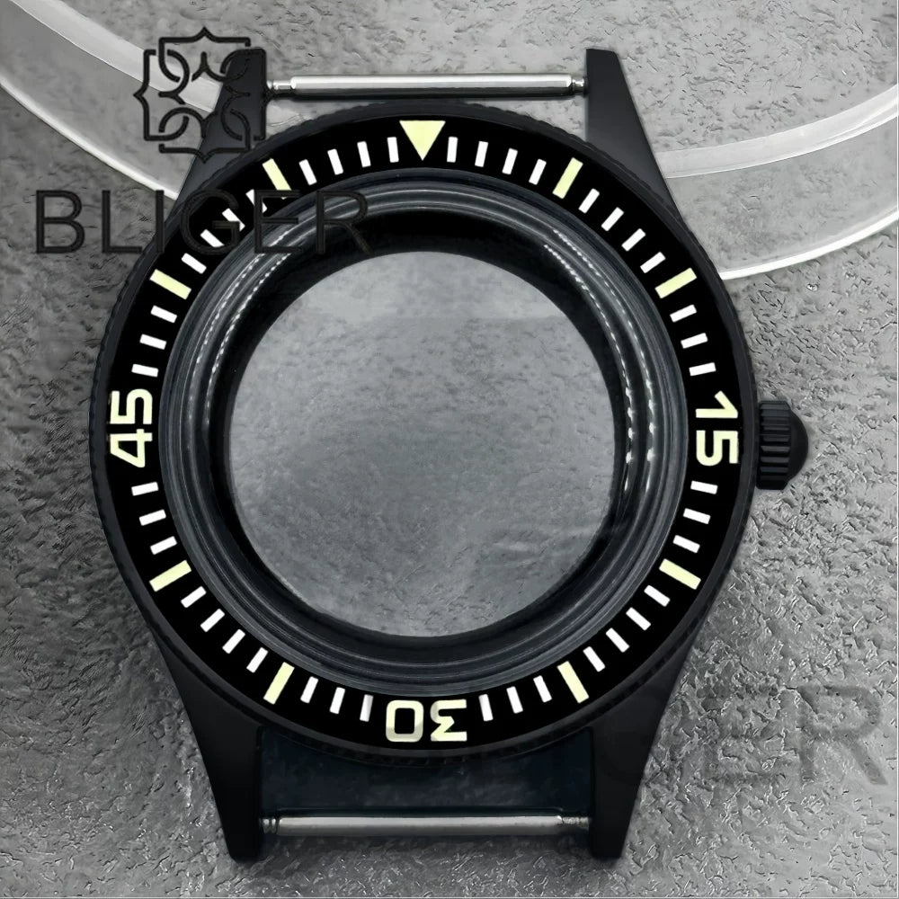 40mm PVD black Fifty Fathom Watch Case matte sandblasted Ceramic Bezel NH35 34 36 38 etc PT5000 ETA 2824 Miyota8215 movement 10Bar Sapphire