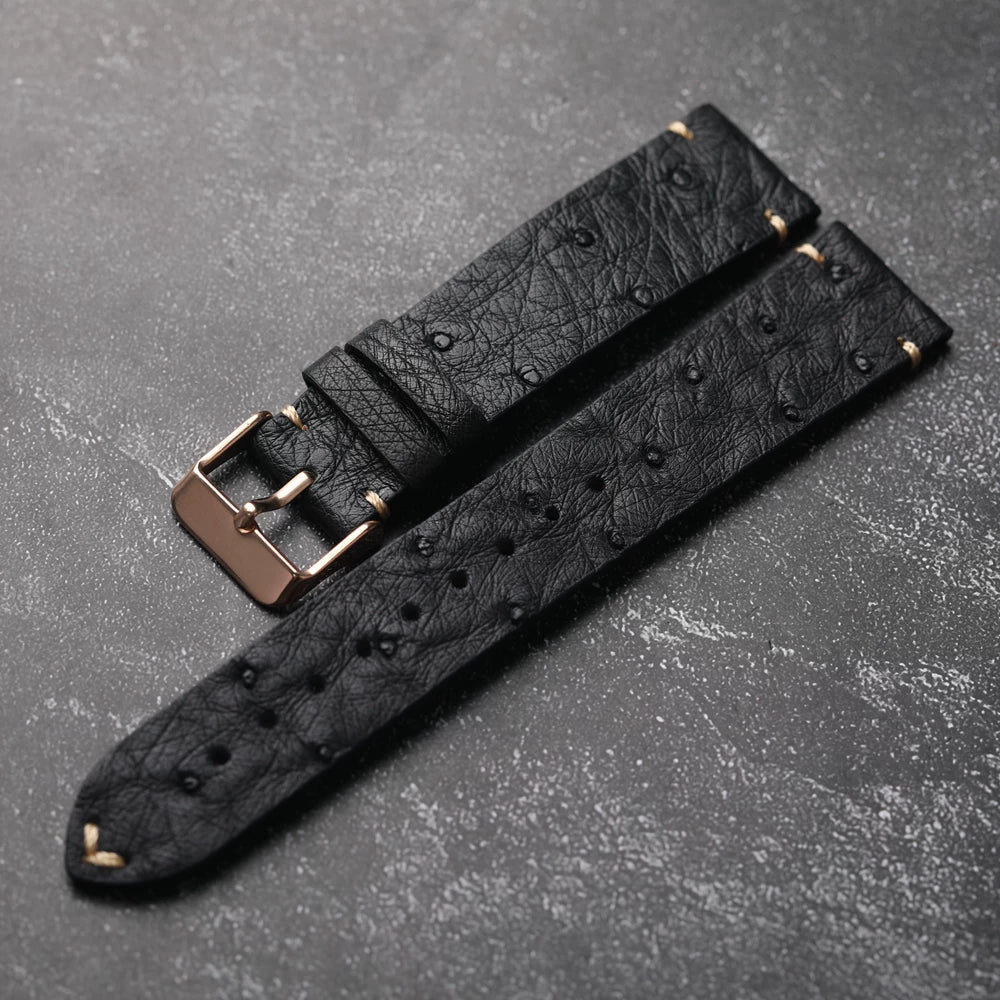 Handmade Ostrich Leather Strap 18 19 20 21 22mm Black Soft Men's Bracelet Vintage Fit Seiko 125mm+75mm
