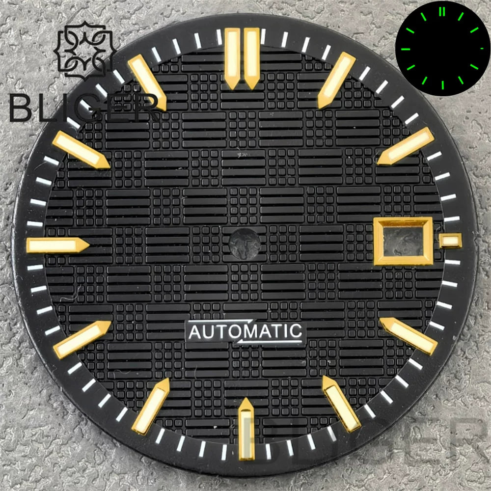 31MM Dial engineer checkered strips scale watch dial 3 o'clock calendar green luminous light for NH35 Miyota 8215, PT5000, ETA2824movement