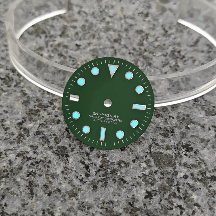 left-handed Dial For NH34 dial GMT green Color Submariner Style BGW9 blue-green luminous, size 28.5mm