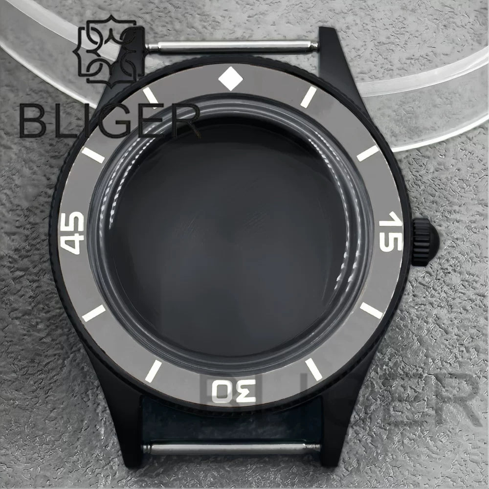 40mm PVD black Fifty Fathom Watch Case matte sandblasted Ceramic Bezel NH35 34 36 38 etc PT5000 ETA 2824 Miyota8215 movement 10Bar Sapphire