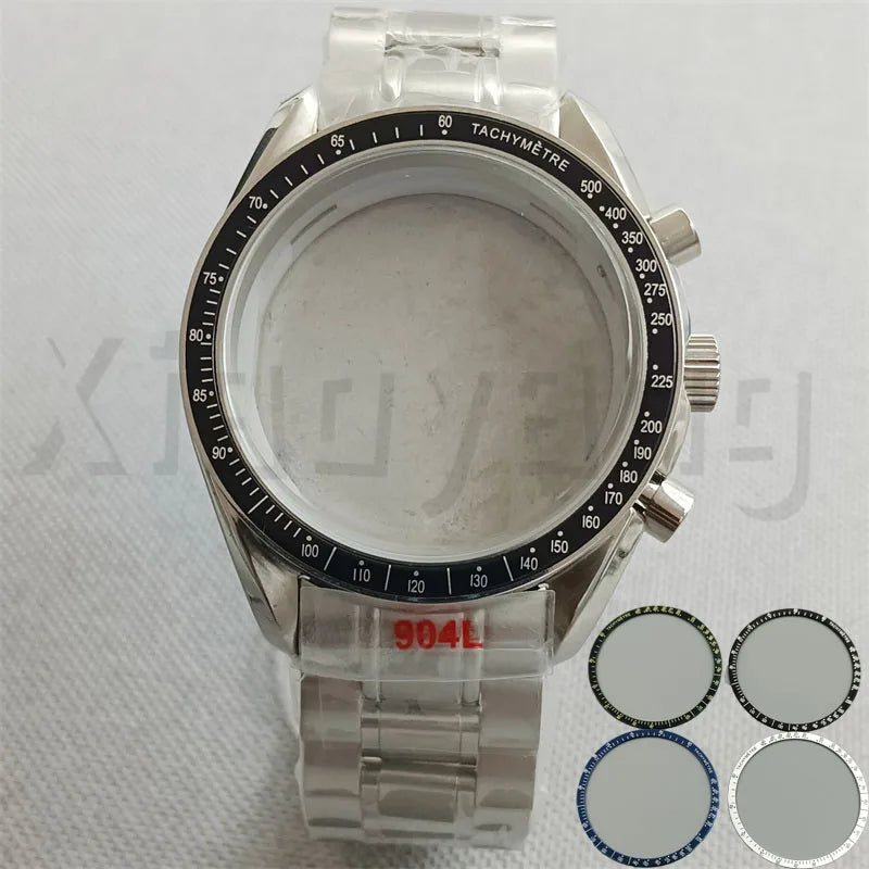 Speed Master Case 40mm VK63 Silver Watch Case Blue Green Black Silver Insert With Coated Glass For VK63 Quartz Chronograph Movement Steel Bracelet
