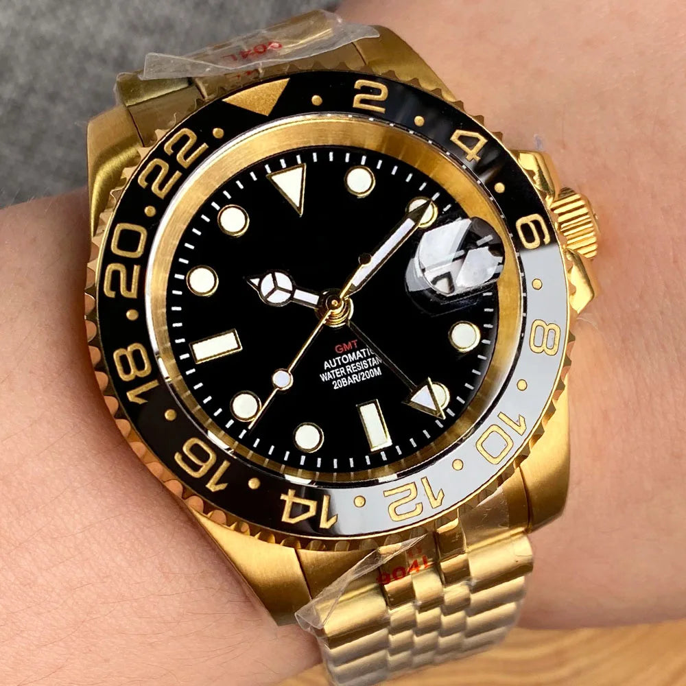 Tandorio Submariner NH34 GMT Watch TD015B Yellow Gold Ceramic 20bar 40mm Sapphire