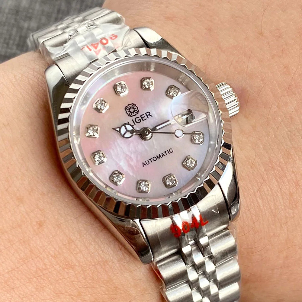 26mm Lady Watch Dress Silver Rose Gold Fluted Bezel  Pink MOP Diamond Dial Sapphire NH05 Automatic movement Watches for Women