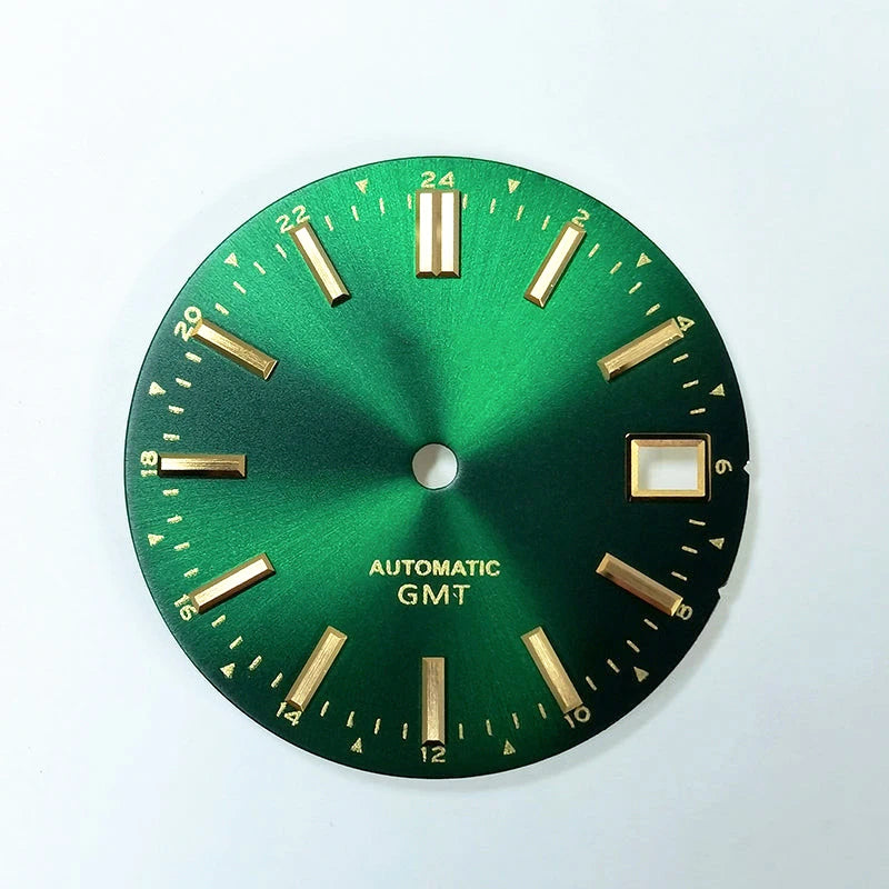 Premium Watch Dial Sunburst Dial 28.5mm No Lume Gold IndexNH35 NH34 GMT Movement Custom Logo Text Modification Watch