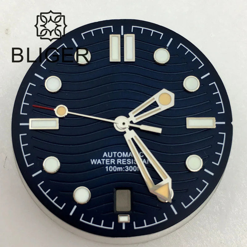 31mm seamaster Wave Watch Dial Hand Set 6 O'clock Date Window Black White Blue Green Fit NH35 Movement Luminus