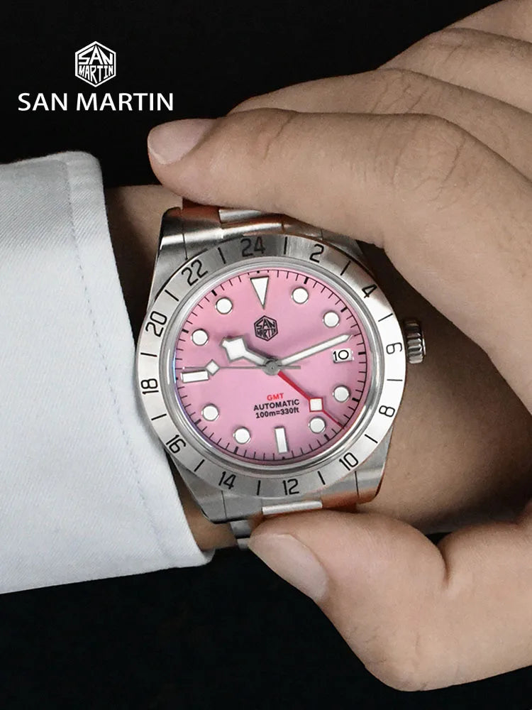 San Martin SN0054G GMT Pink Dial BB  39mm NH34 Automatic Watch 10Bar AR Sapphire BGW9 Lume