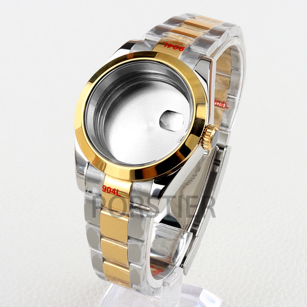 Smooth Bezel Two Tone Gold 36/39mm NH35 Watch Case 20mm Solid 316L Stainless Steel Jubilee/Oyster Strap for Datejust NH35 NH36 Movement 28.5mm Dial 10bar