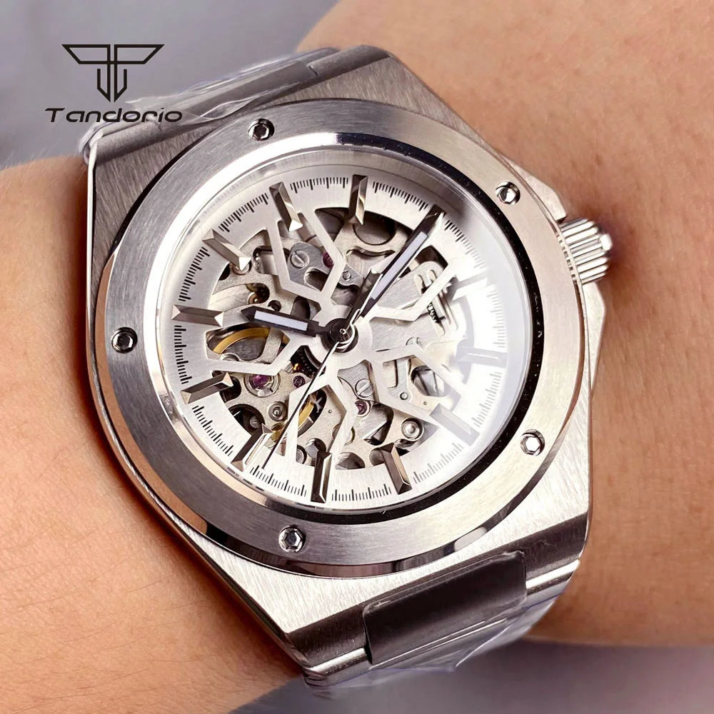 Tandorio Mechanical NH70 Automatic Skeleton Stainless Steel Watch Sapphire Diver Business Men's Wristwatch Waterproof