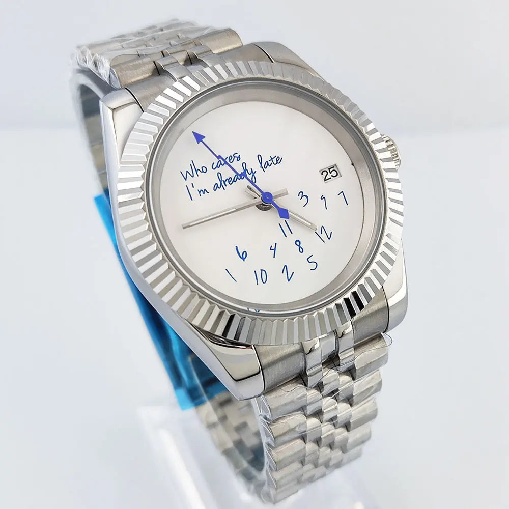 DateJust Seiko NH35 watch "Who Cares I'm already Late" dial customized logo 39mm/36mm Sapphire 10bar