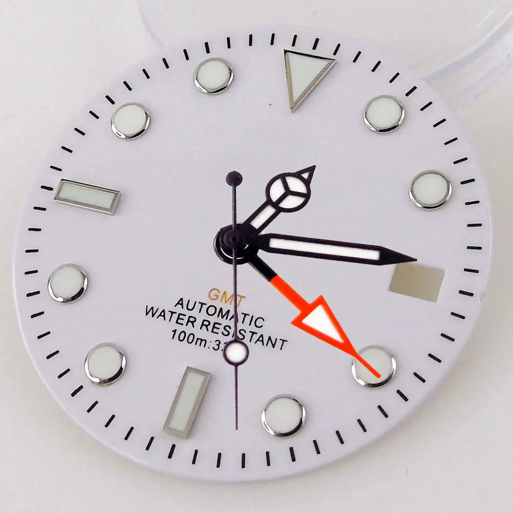 Nologo Sterile 29mm White NH 34A Watch Dial Face for D iver G MT Watch Mod Black Edge Markers Orange Hand Watches Cases Parts