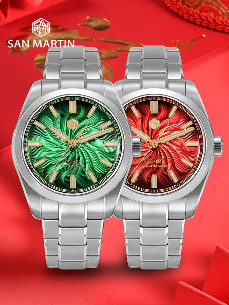 San Martin SN0144 Dress Watch 2025 Guilloche Dial Snake Year Limited 39mm Miyota 90S5 Automatic  Clear Caseback Ar Sapphire Swiss Lume