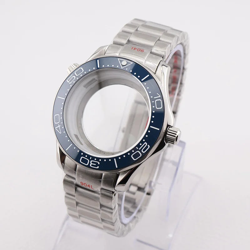 42mm NH35 Stainless Steel Seamaster Watch Case Mineral/Sapphire Glass Black Ceramics Bezel Insert with Bracelet for Seiko Mod Seamaster Build Parts