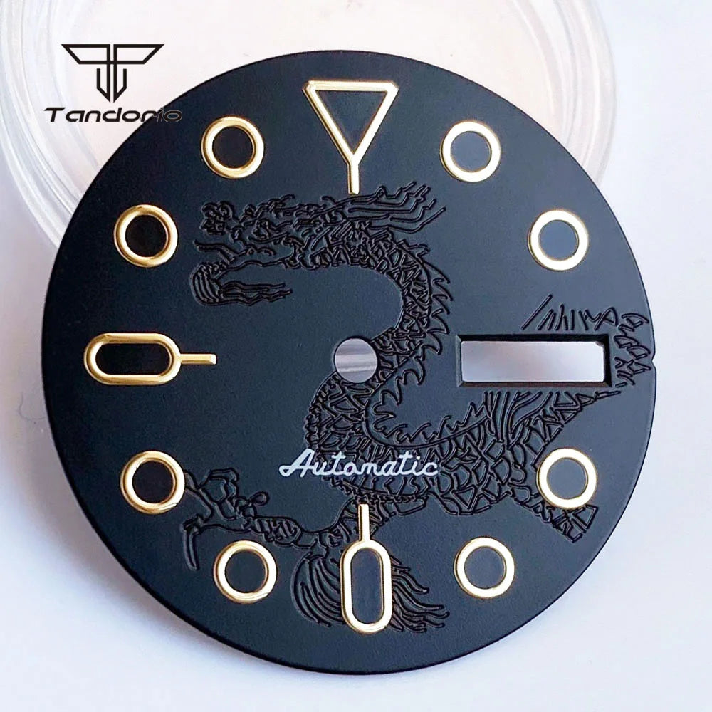 NH36 Watch Dial 29mm Day Date Black Dragon Pattern+ Shark Hands Set for Skx Mod Parts
