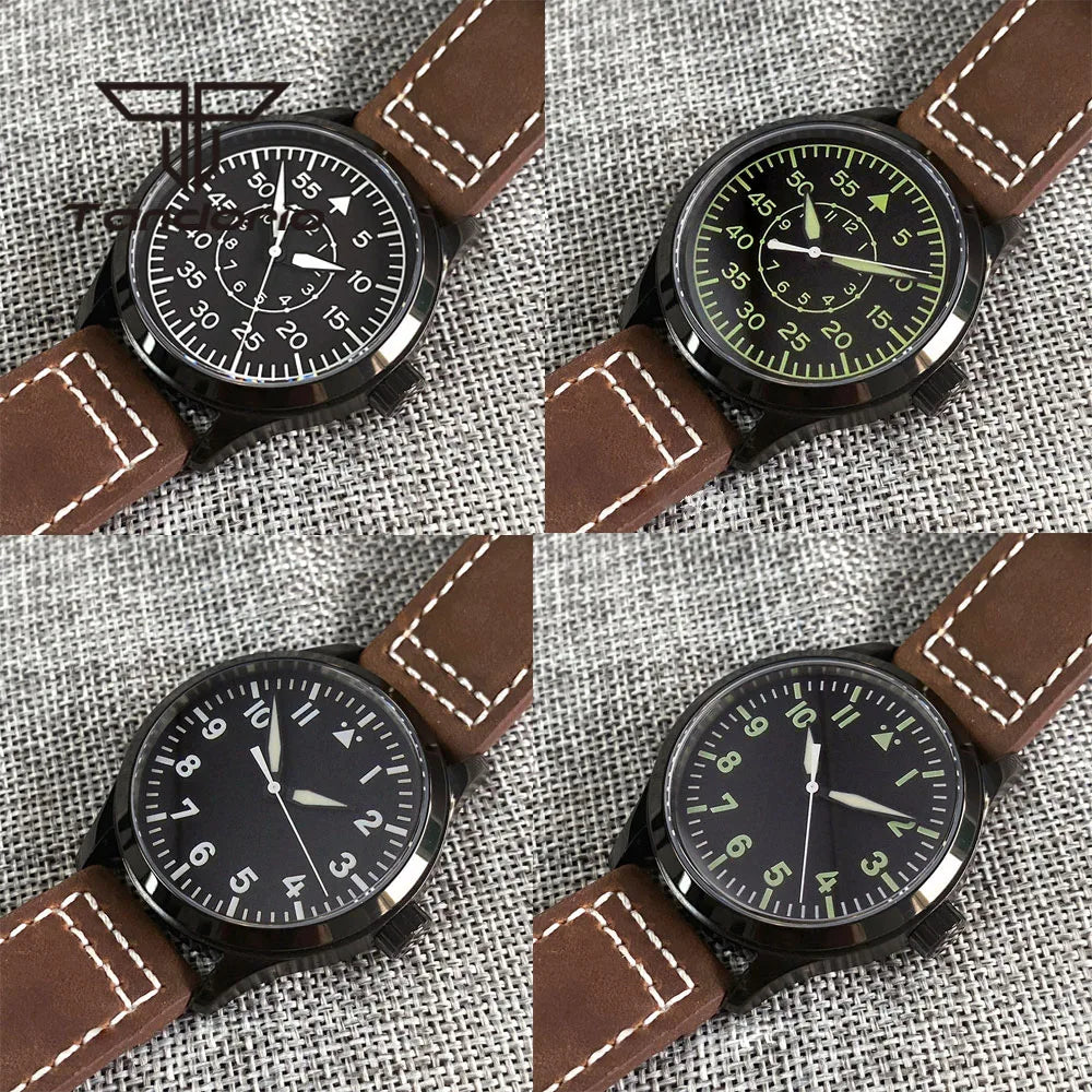 PVD Black Pilot Watch Tandorio TD137B 42mm Miyota 8215 ST1612 Movement Sterile Dial Sapphire 3ATM Green Luminous