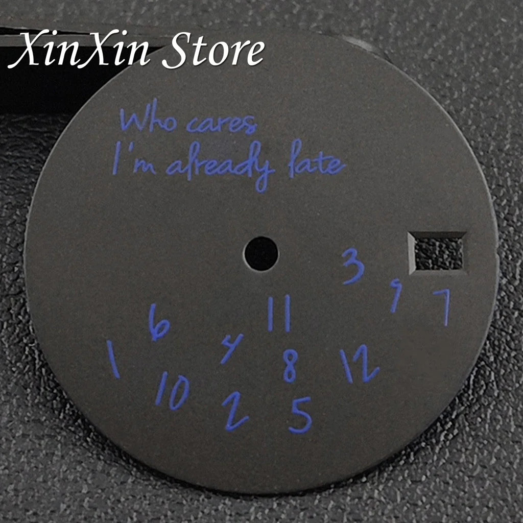 Black NH35 28.5mm Watch Dial Who Cares  With Lightning Second Hands For NH35 4R35 Movement Who Cares Lt's Already Late Replace Watch Dial